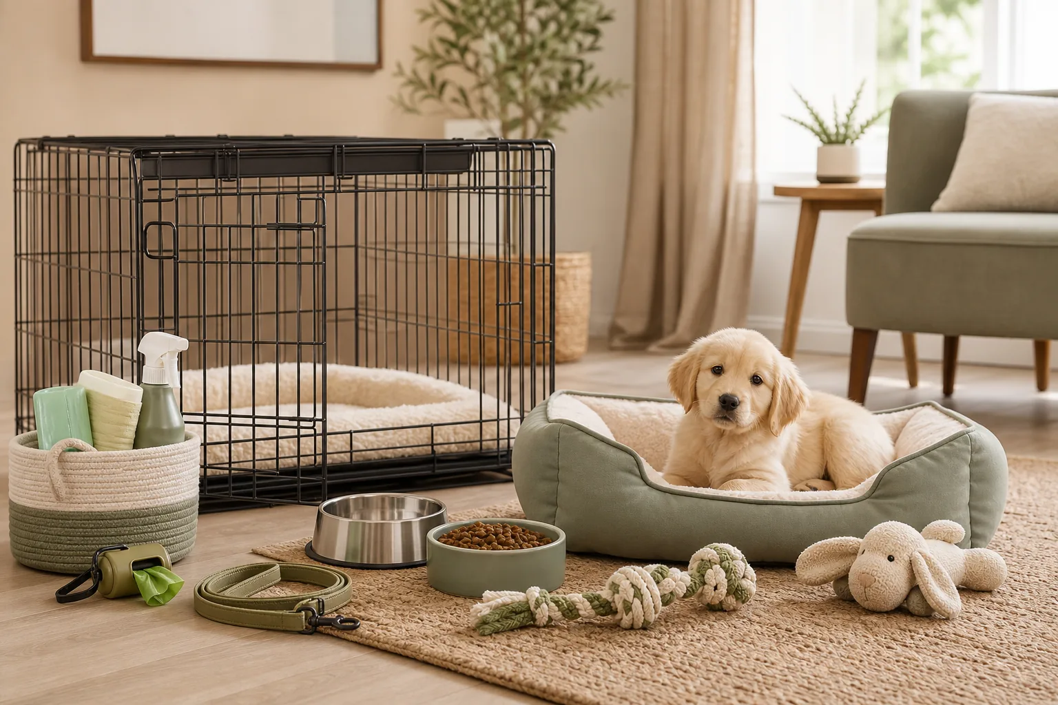 New Puppy Checklist: Products Worth Buying First: puppy starter setup with crate and basic supplies.