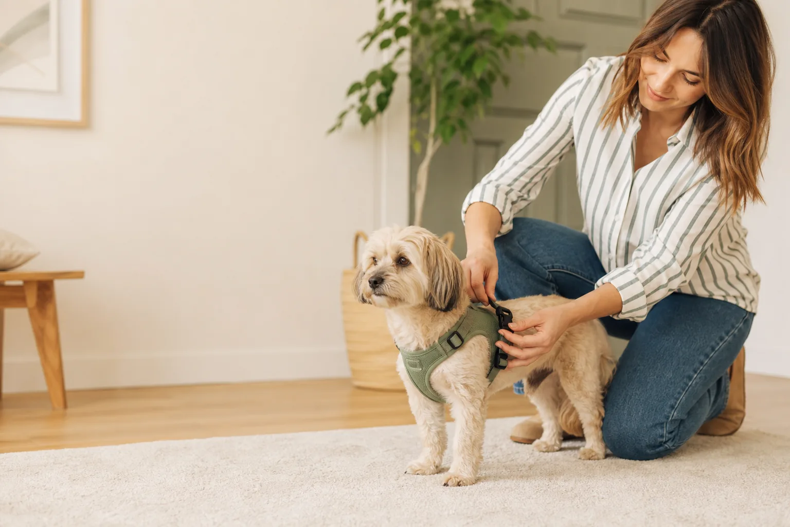 Step-In Harnesses for Small Dogs: When They Work Best: small dog step-in harness fitting scene.