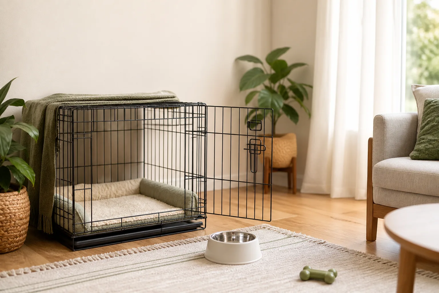 Puppy Crate Setup Checklist: What to Prepare Before the First Night: puppy crate setup with bedding and calm room details.