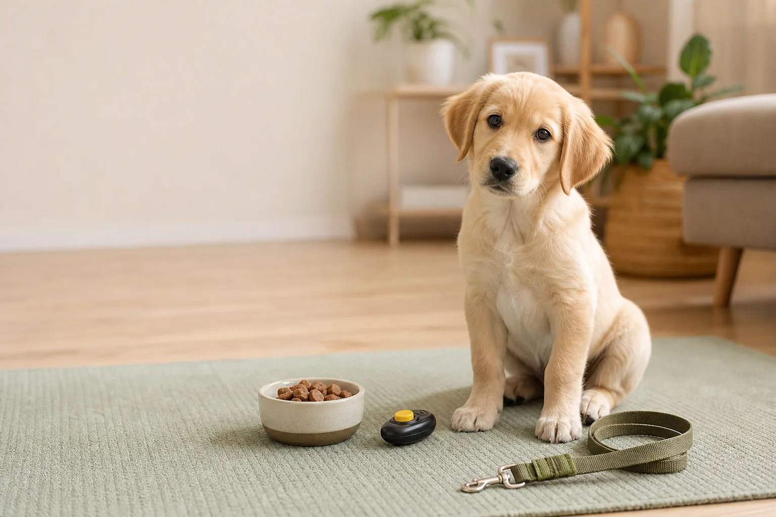 Best Puppy Training Treats: What to Look For Before Buying: puppy with training treats, clicker, and leash.