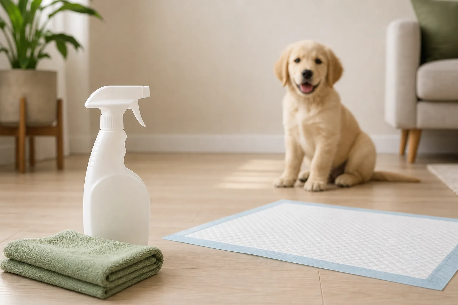 Best Enzyme Cleaner for Puppy Accidents: What Actually Matters: generic puppy accident cleaning setup with enzyme cleaner and pads.