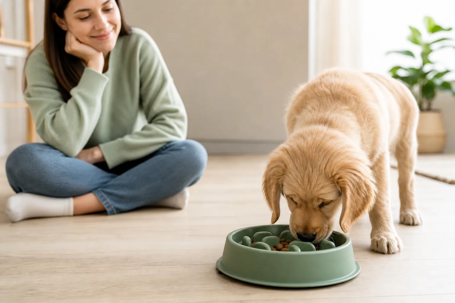 Best Slow Feeder Bowl for Puppies: Fit, Safety, and Cleaning Guide: puppy eating from a slow feeder bowl.