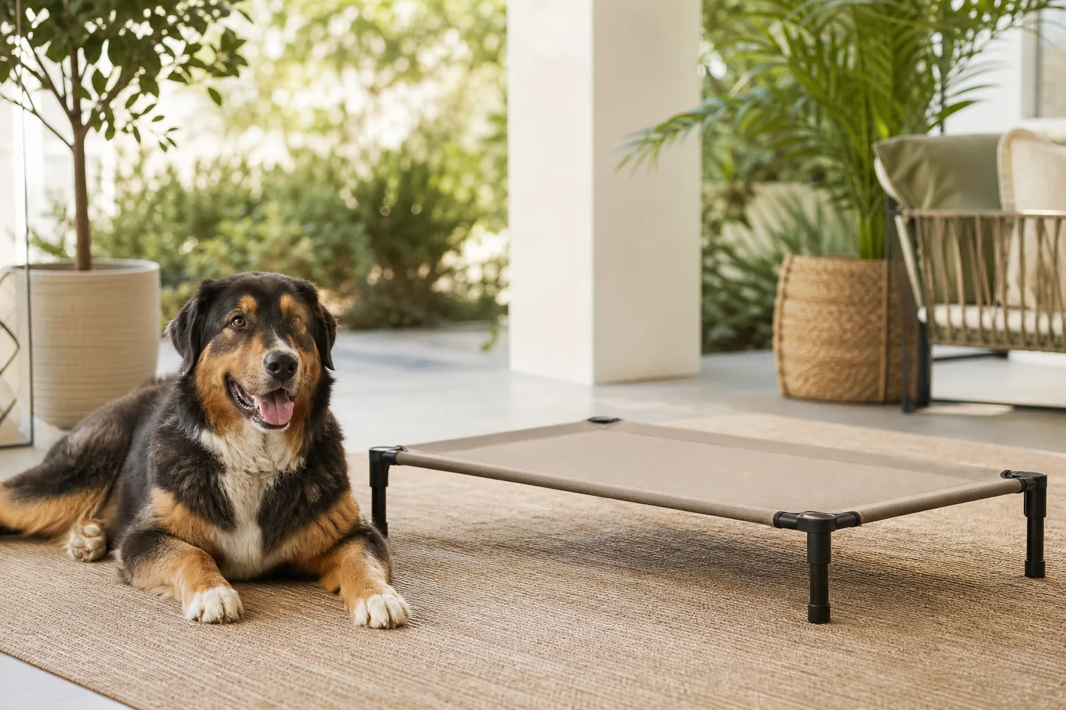 Elevated Dog Bed for Large Dogs: What to Look For: large dog near an elevated dog bed.