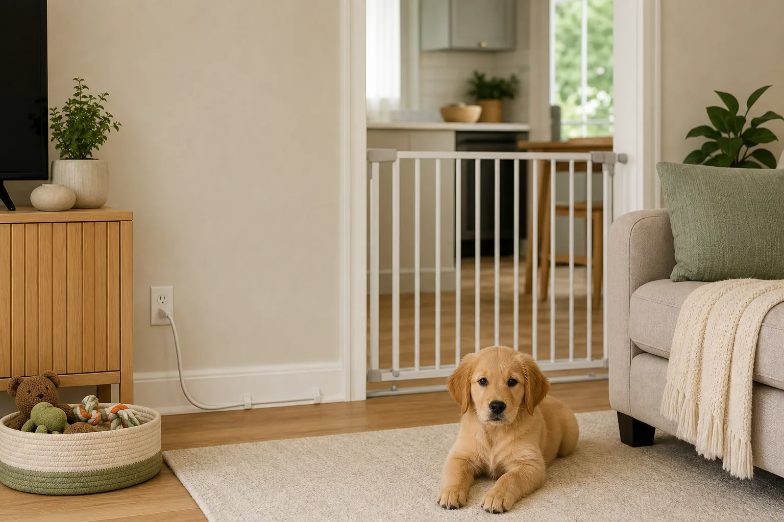 Puppy Proofing Checklist Products for a Safer Home: puppy-proofed room with gate and home safety setup.