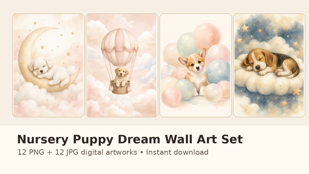 Nursery Puppy Dream Wall Art Set | PetFinds Cloud Digital Art digital art product cover