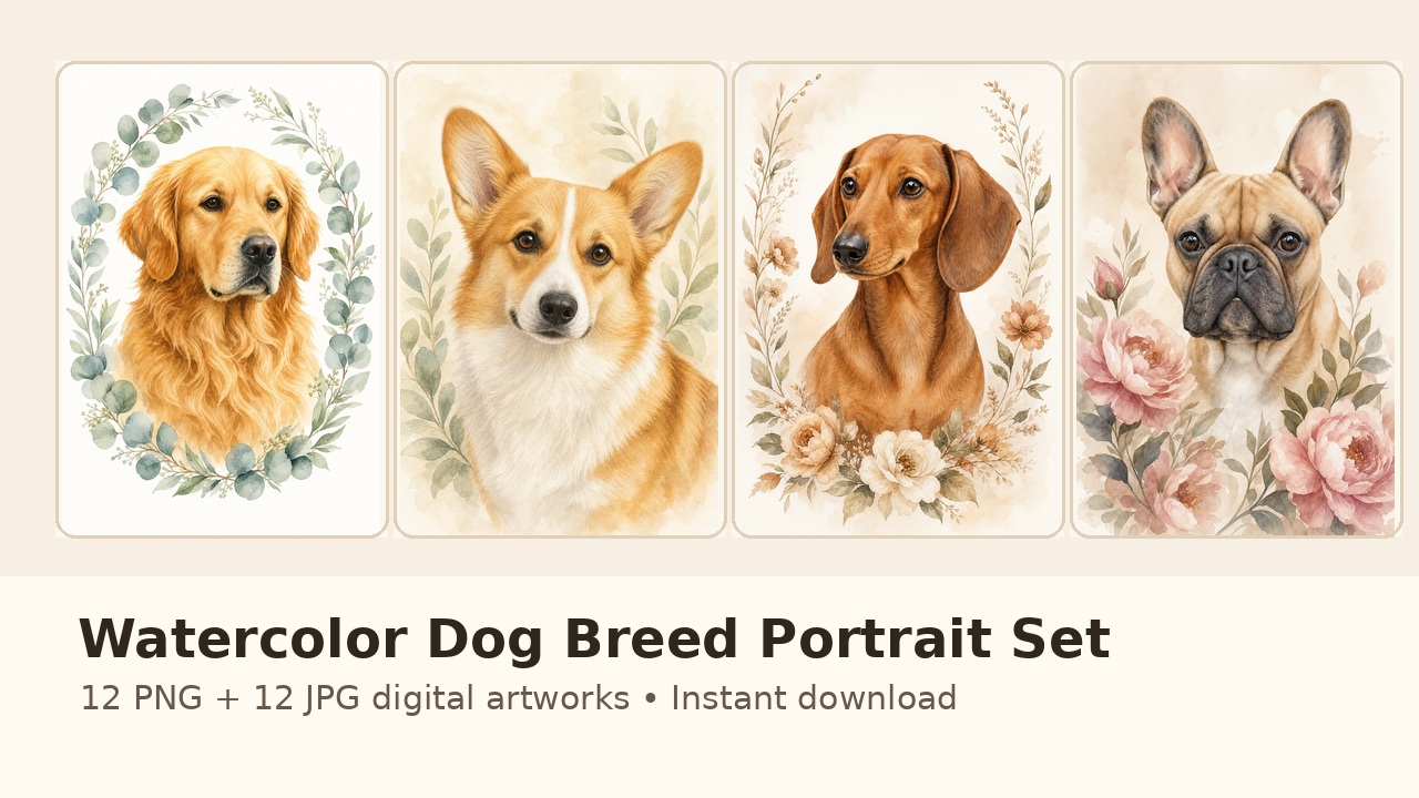 Watercolor Dog Breed Portrait Set | PetFinds Cloud Digital Art digital art product cover